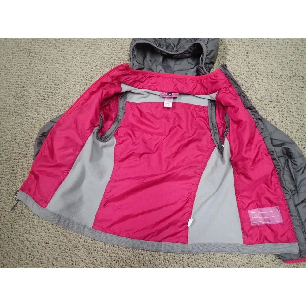 REI Hooded Insulated Jacket Girls Size 8‎ Grey Pink Excellent Hybrid Puffer